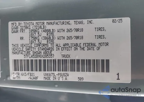 2025 Toyota Tundra Sr5 4Wd из США, поврежденный, VIN 5TFLA5DB9SX285357